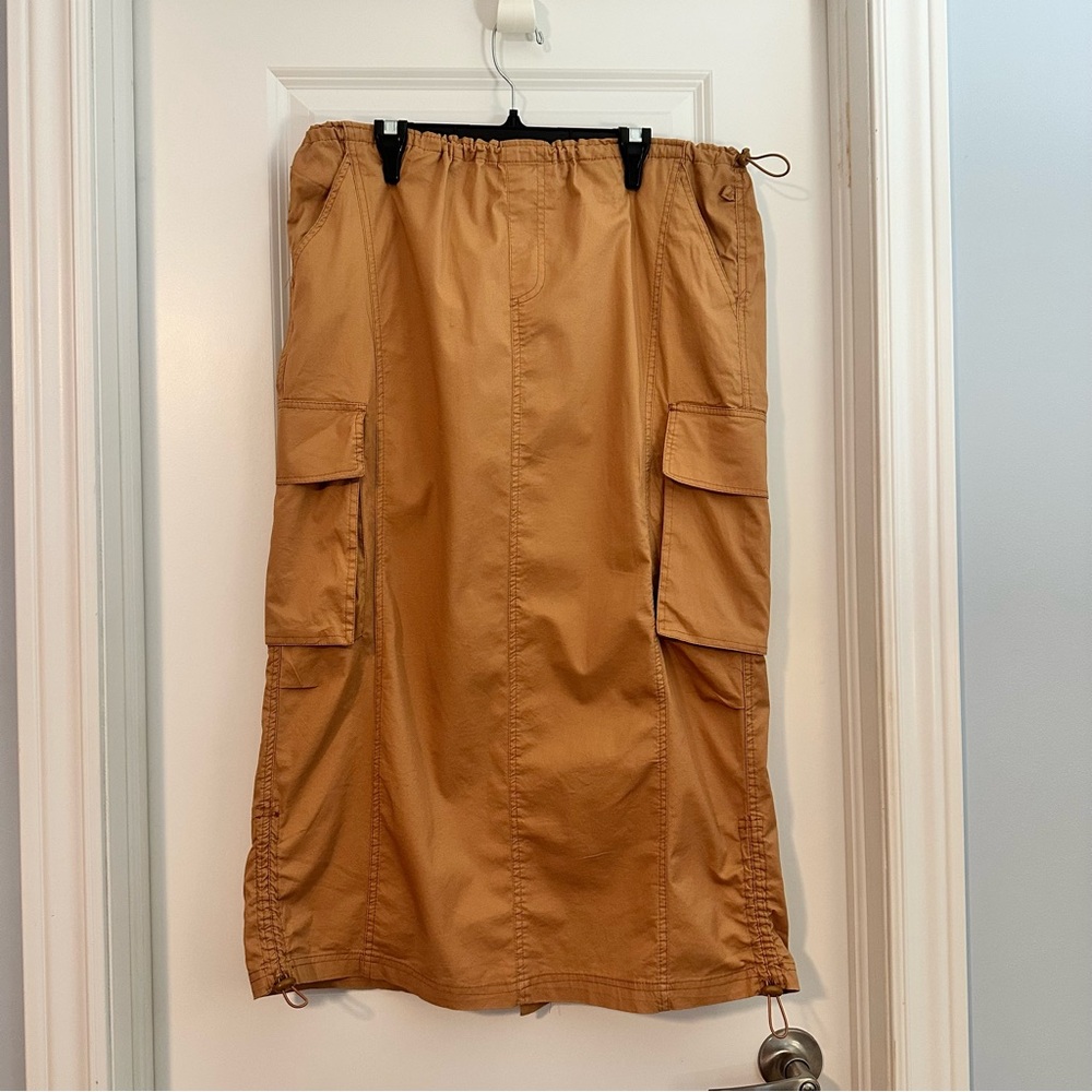 Y2K Utility Cargo Maxi Skirt | Camel Brown Drawstring Hem | Size Large